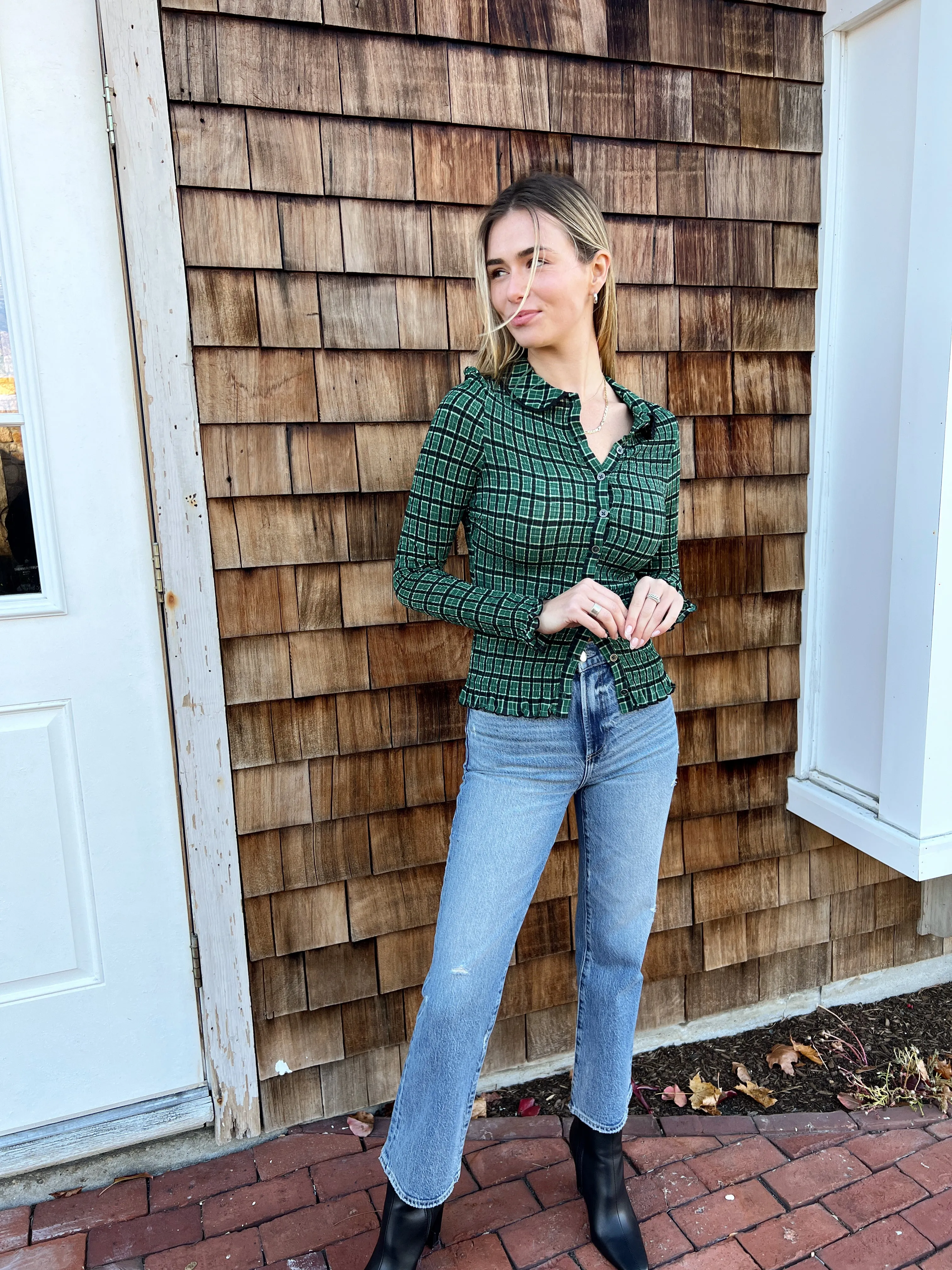 Caught A Feeling Smocked Button-Up Top