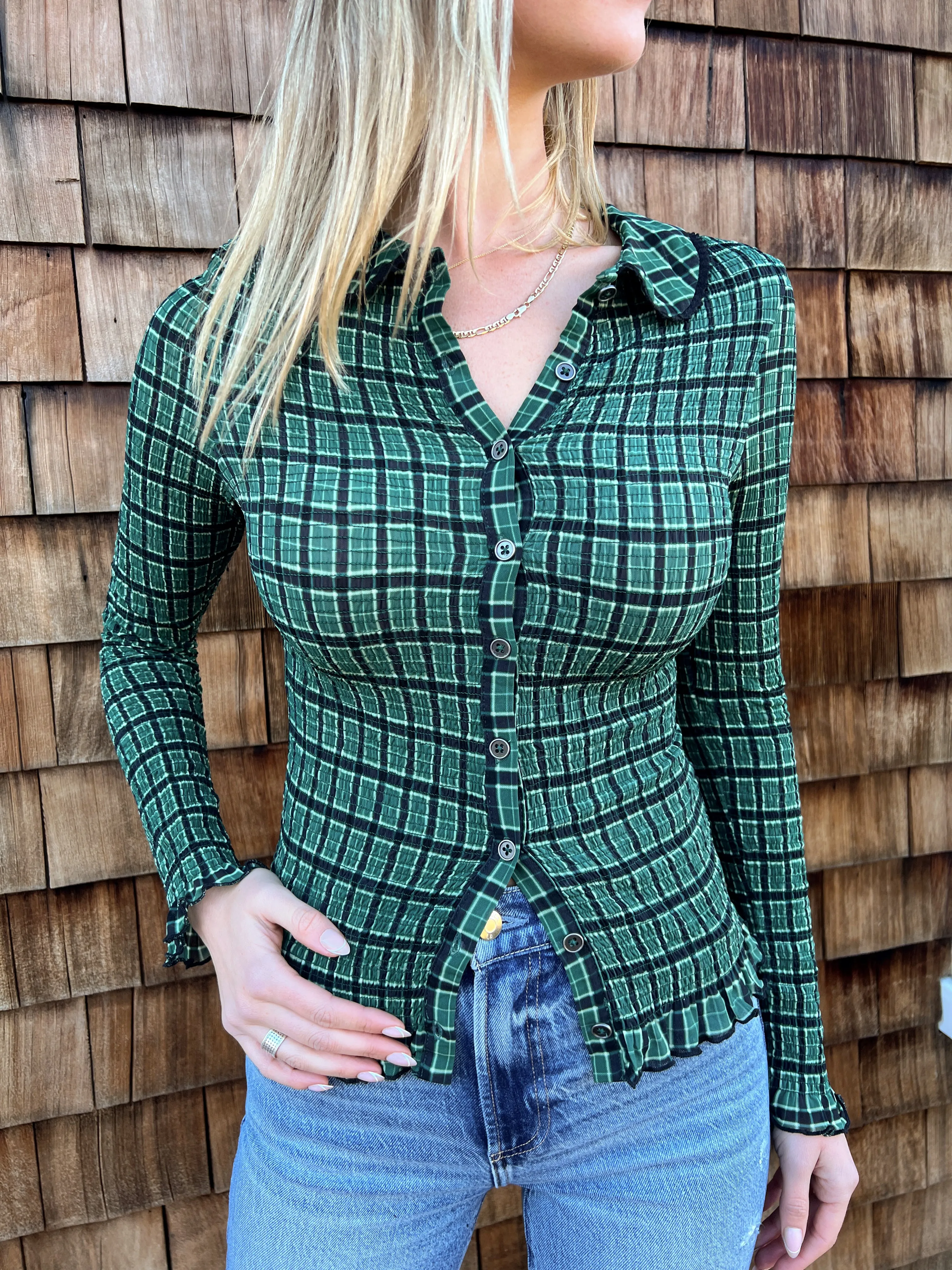 Caught A Feeling Smocked Button-Up Top