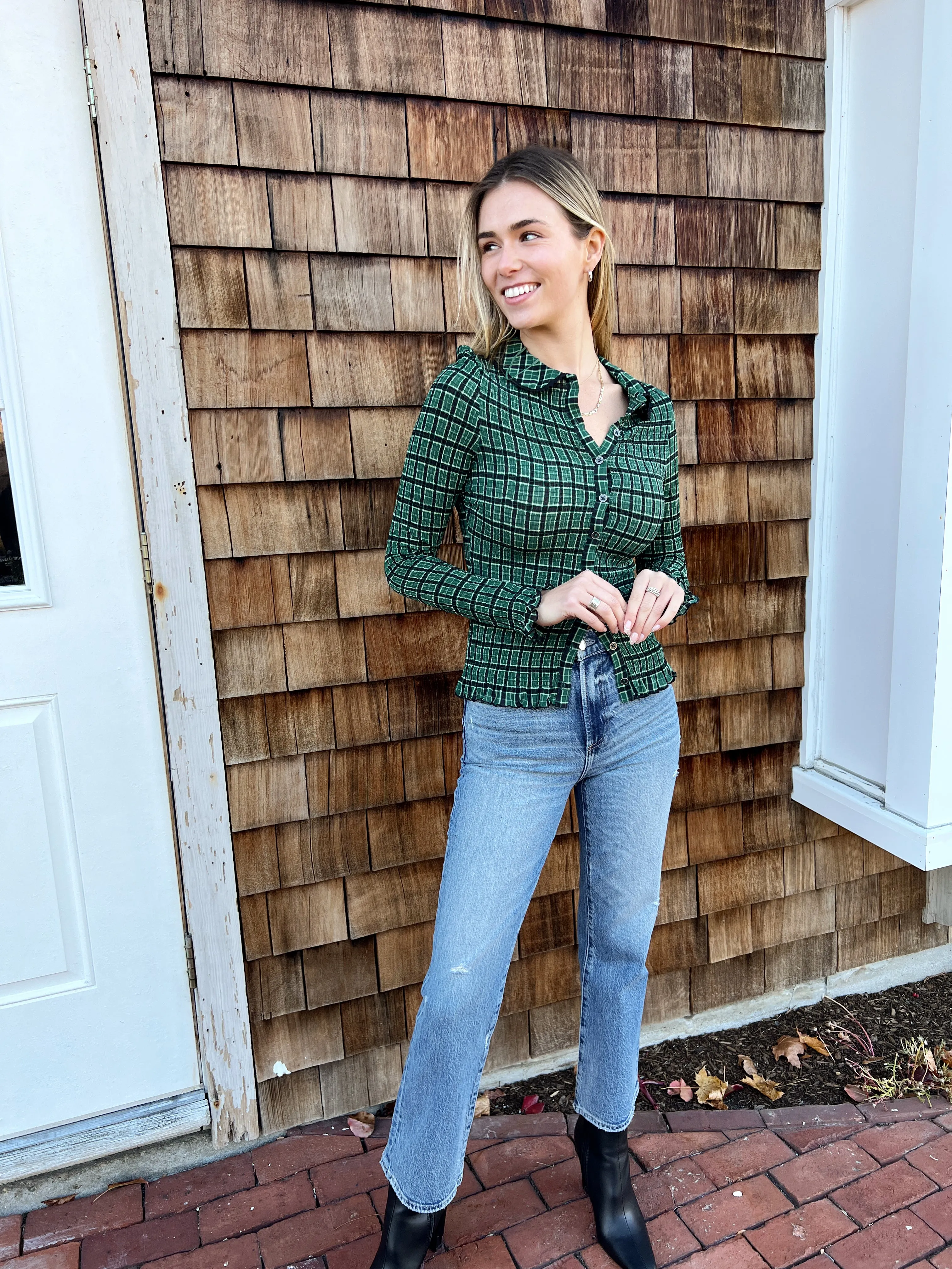 Caught A Feeling Smocked Button-Up Top