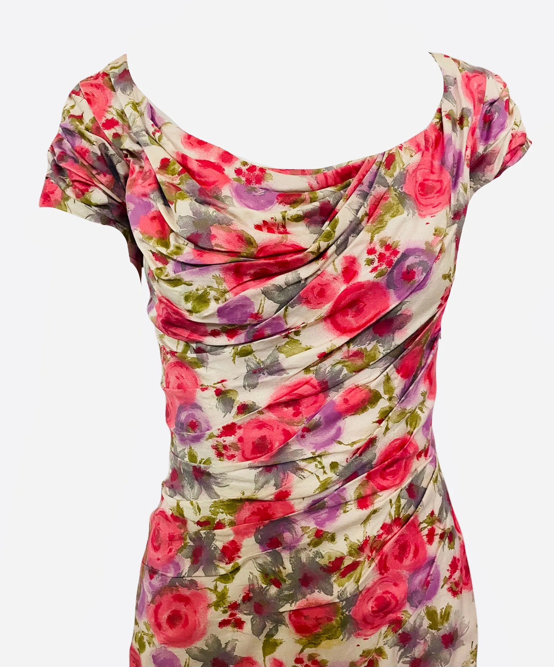 Ceil Chapman 50s Floral Cotton Sexy Shirred Wiggle Dress