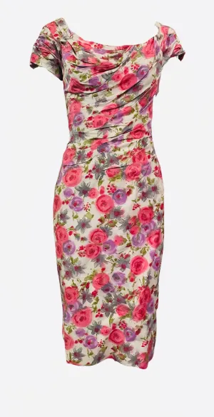 Ceil Chapman 50s Floral Cotton Sexy Shirred Wiggle Dress