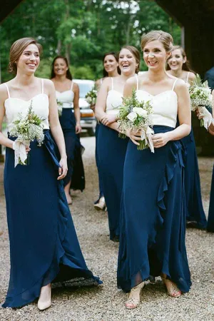 Charming Sheath Sweetheart Chiffon Navy and White Long Bridesmaid Dresses with Ruffled,MBD129