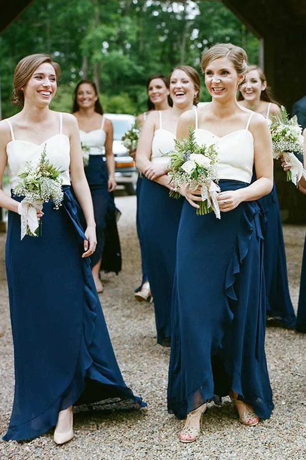 Charming Sheath Sweetheart Chiffon Navy and White Long Bridesmaid Dresses with Ruffled,MBD129