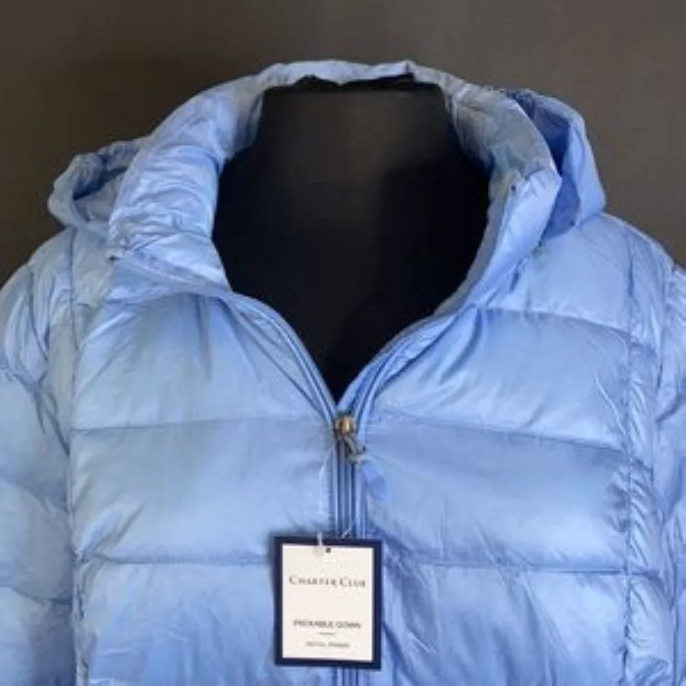 Charter Club Blue Packable Hooded Down Puffer Coat-XL