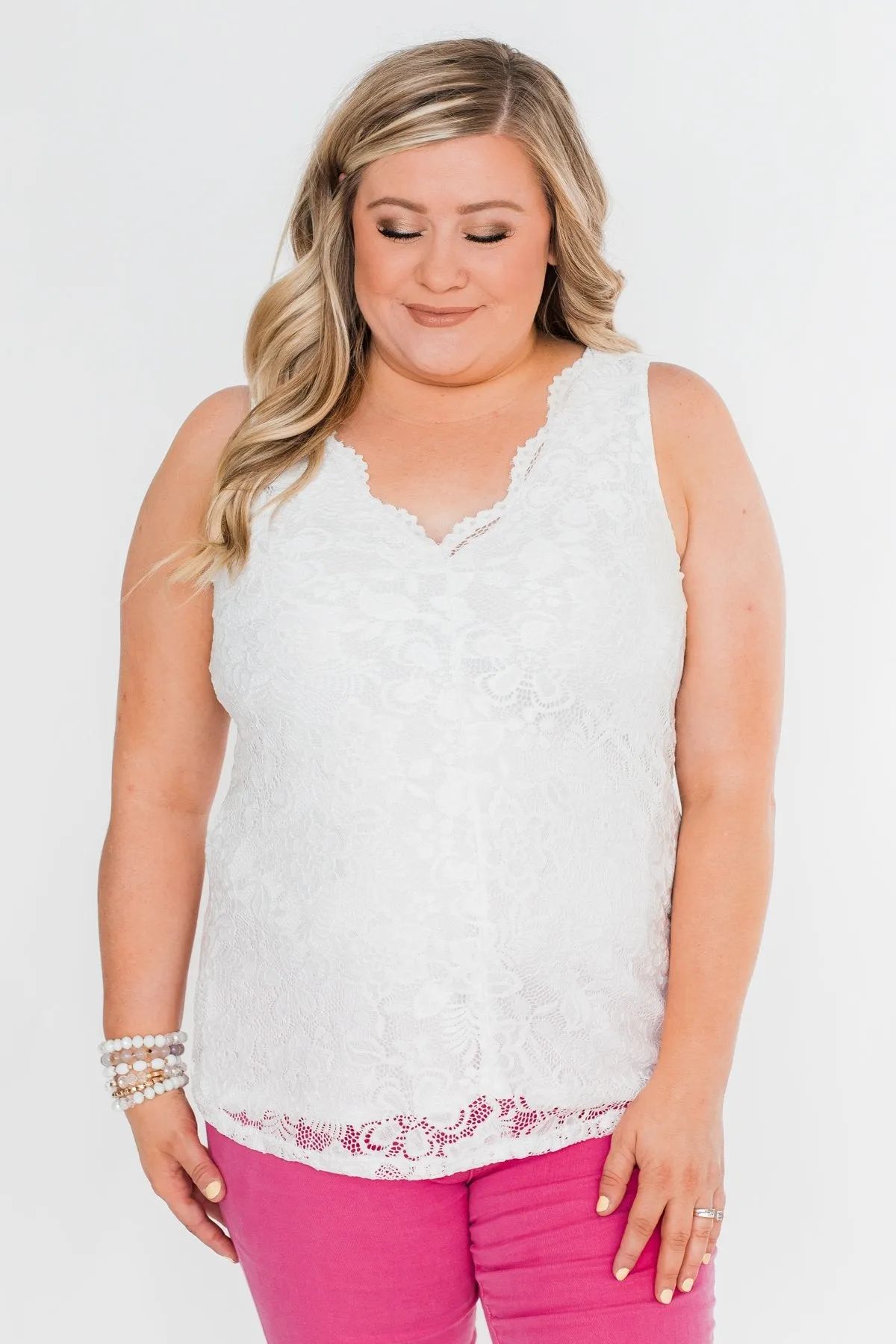 Cheers To Us V-Neck Lace Tank Top- Off White