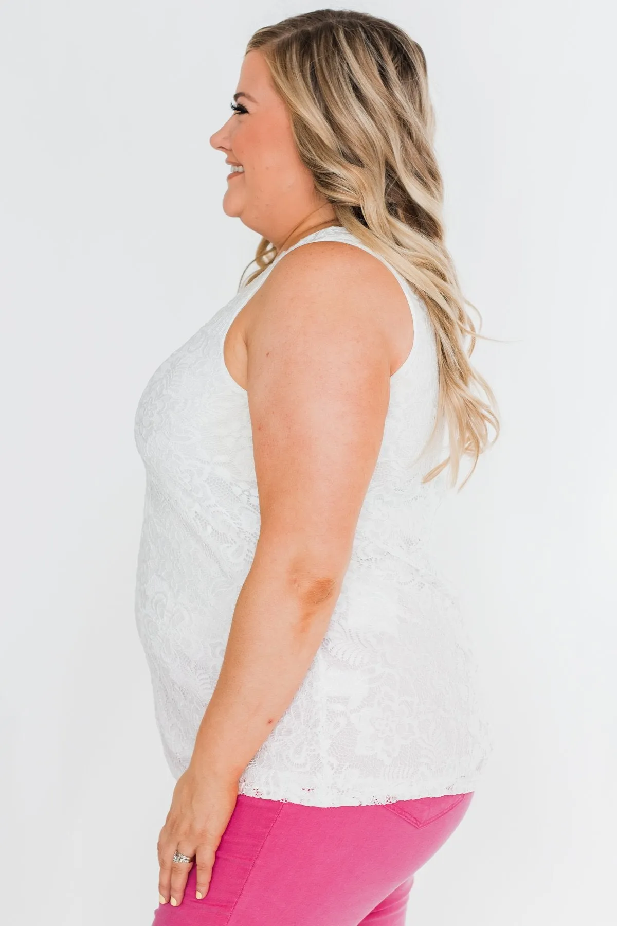 Cheers To Us V-Neck Lace Tank Top- Off White