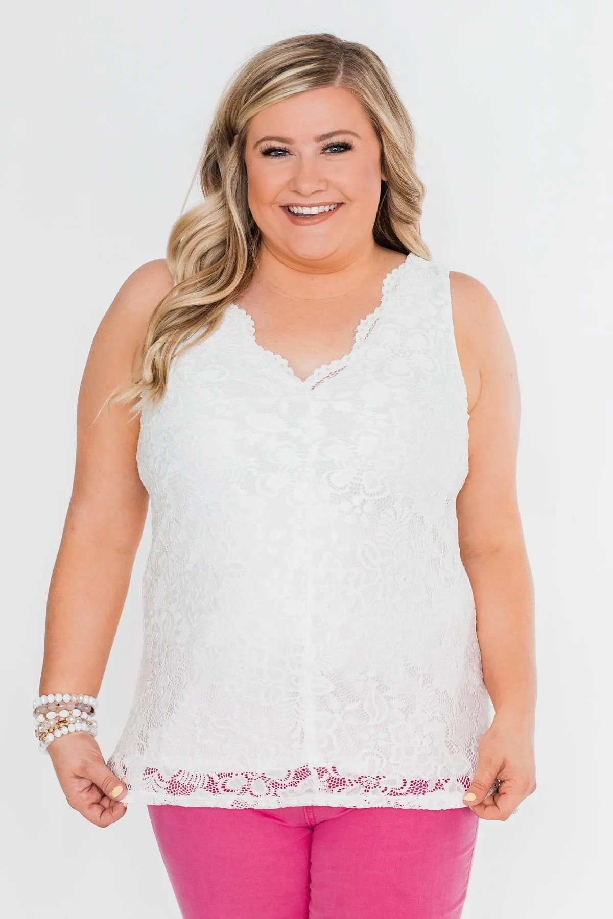 Cheers To Us V-Neck Lace Tank Top- Off White