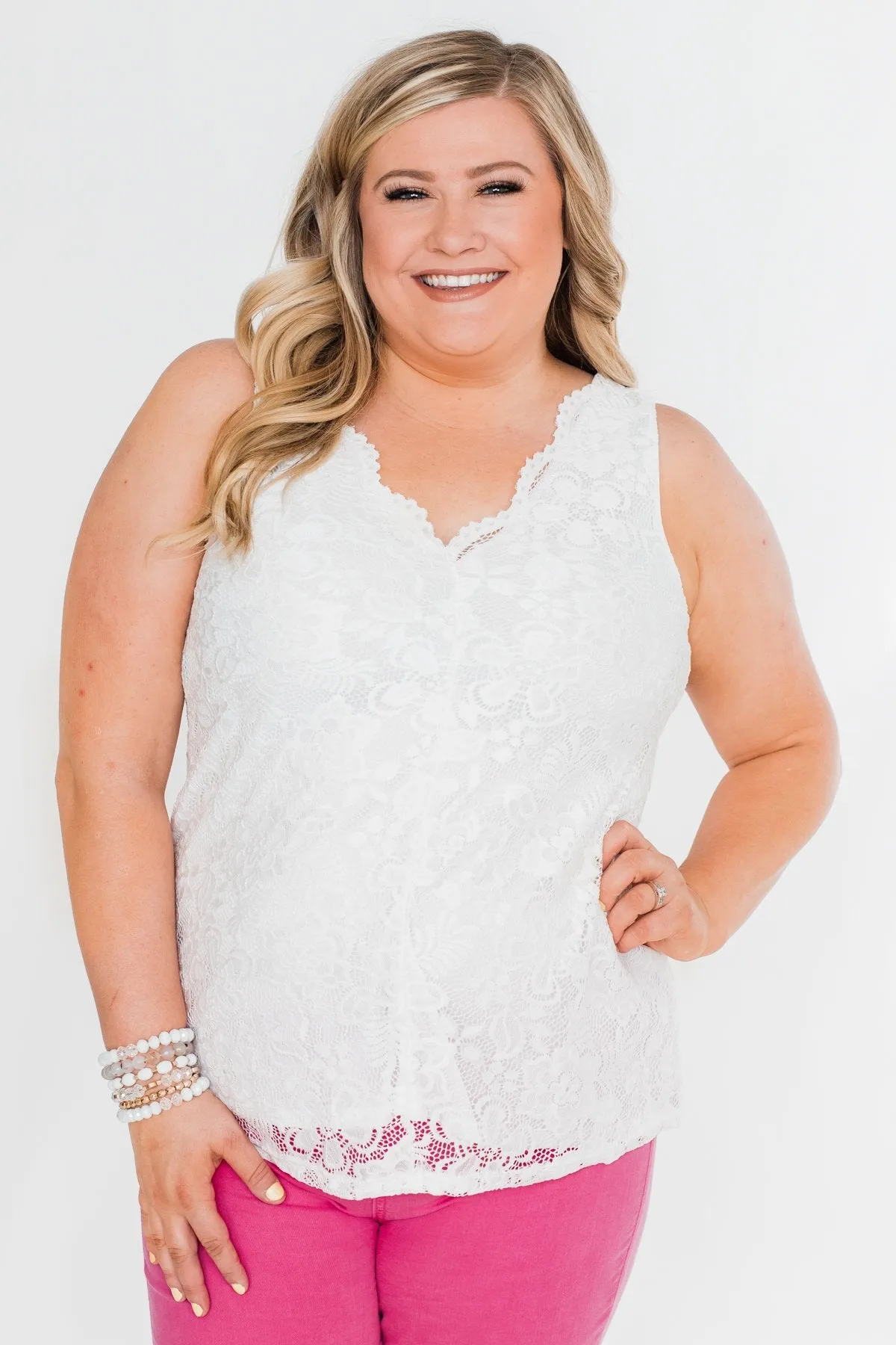 Cheers To Us V-Neck Lace Tank Top- Off White