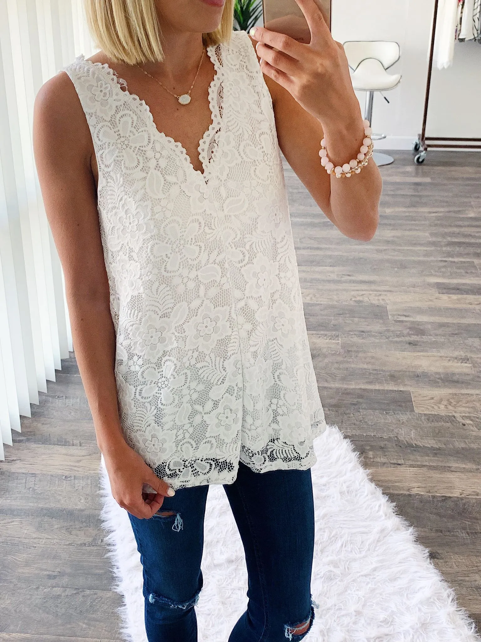 Cheers To Us V-Neck Lace Tank Top- Off White