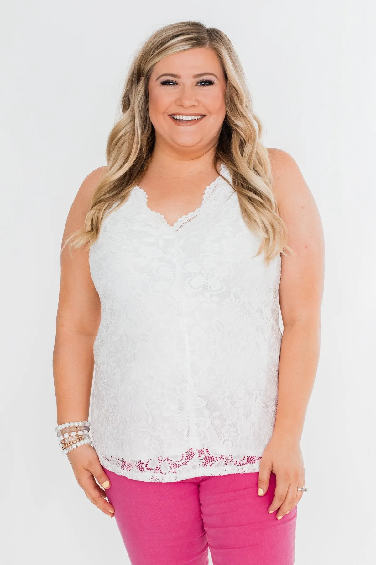 Cheers To Us V-Neck Lace Tank Top- Off White