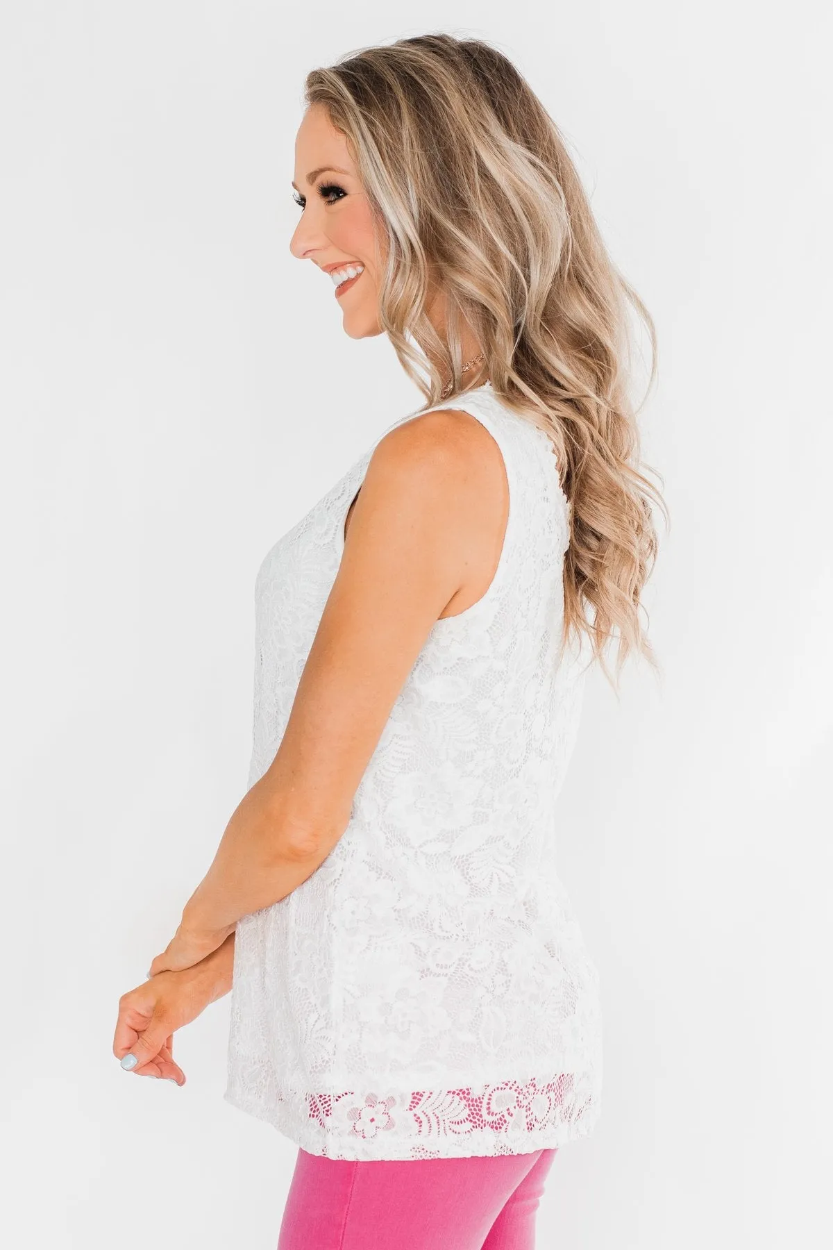 Cheers To Us V-Neck Lace Tank Top- Off White