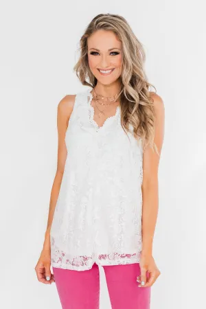 Cheers To Us V-Neck Lace Tank Top- Off White