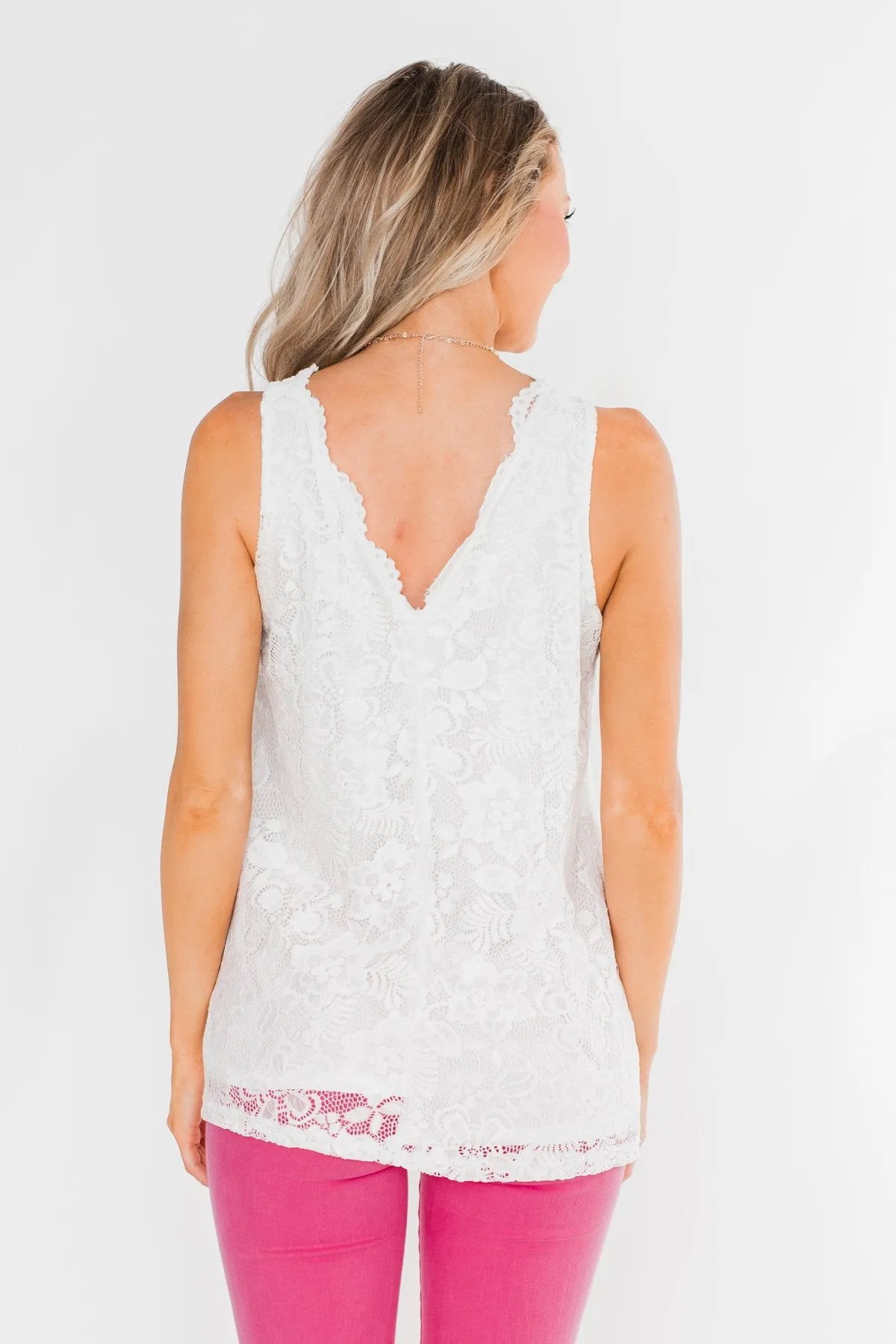 Cheers To Us V-Neck Lace Tank Top- Off White