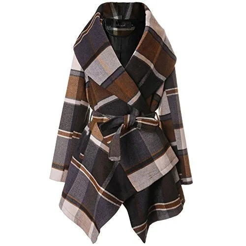 Chicwish Women's Shawl Collar Check Wool Blend Coat