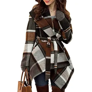 Chicwish Women's Shawl Collar Check Wool Blend Coat