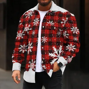 Christmas Check Snowflake Print Double Pocket Denim Jacket 2412000758