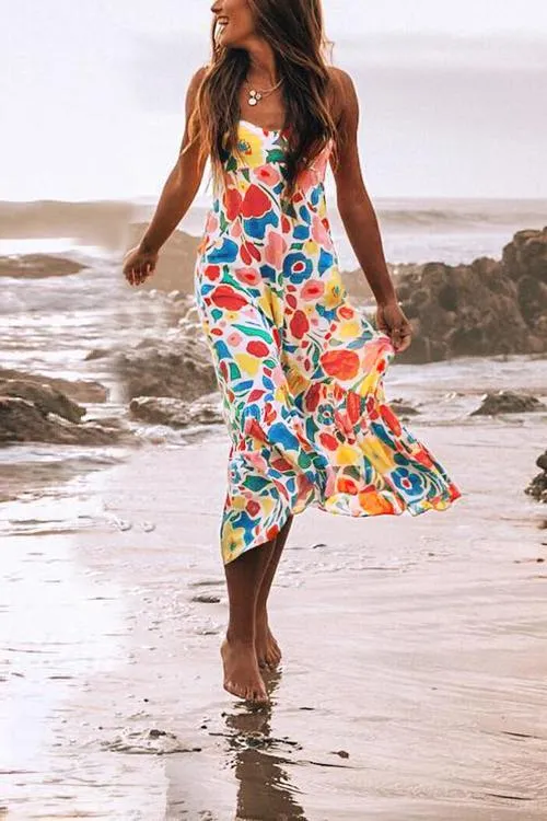 CityHottie Floral Printed Summer Backless Mid Calf Dress With Pocket