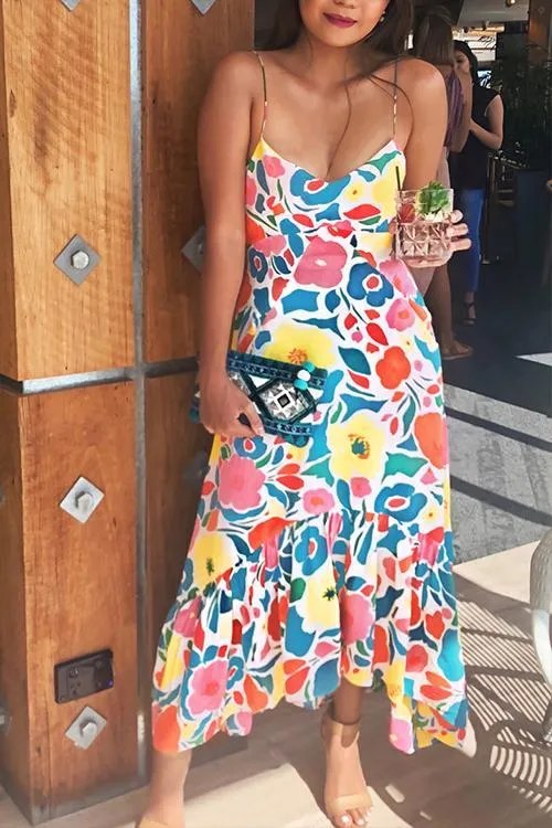 CityHottie Floral Printed Summer Backless Mid Calf Dress With Pocket