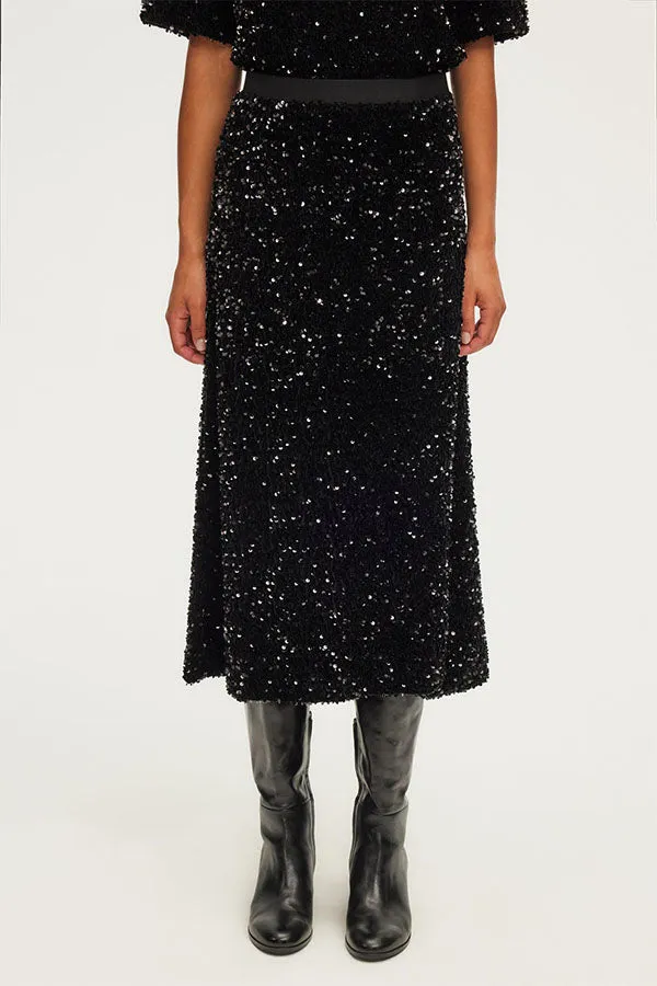 CLELIE BLACK SEQUIN MIDI SKIRT