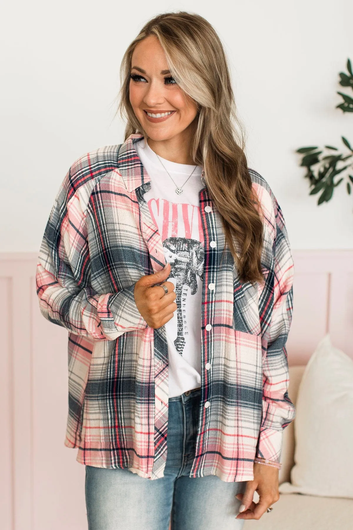 Closer To Home Plaid Button Top- Navy & Pink