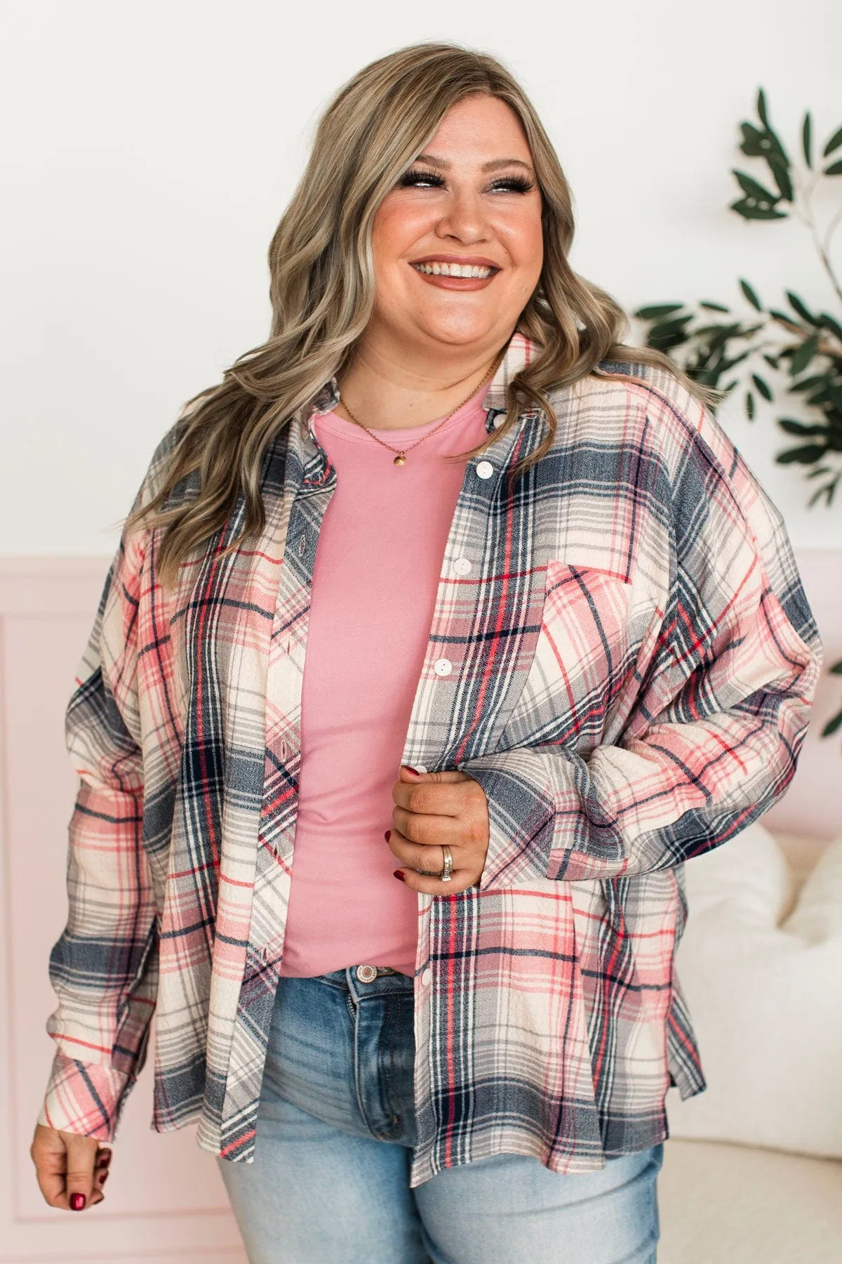 Closer To Home Plaid Button Top- Navy & Pink