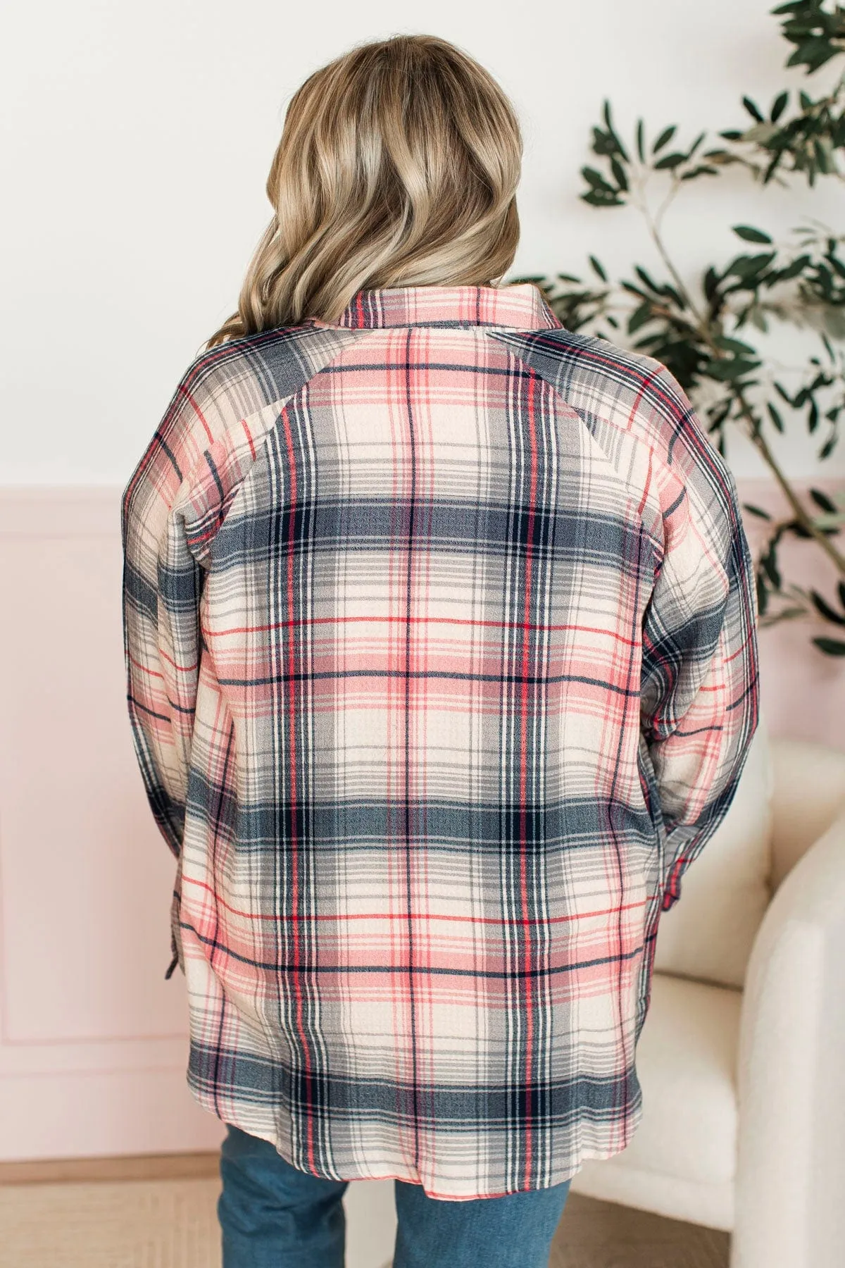 Closer To Home Plaid Button Top- Navy & Pink