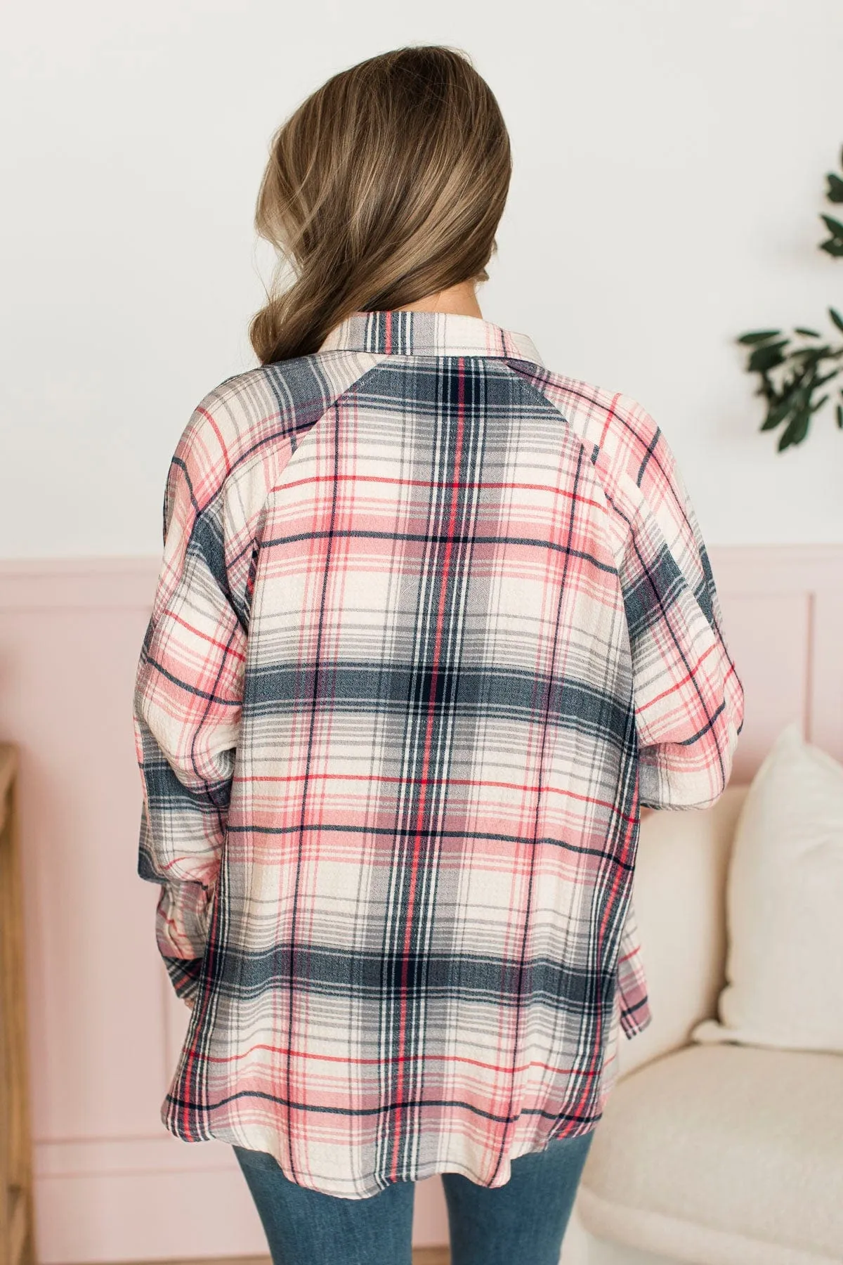 Closer To Home Plaid Button Top- Navy & Pink