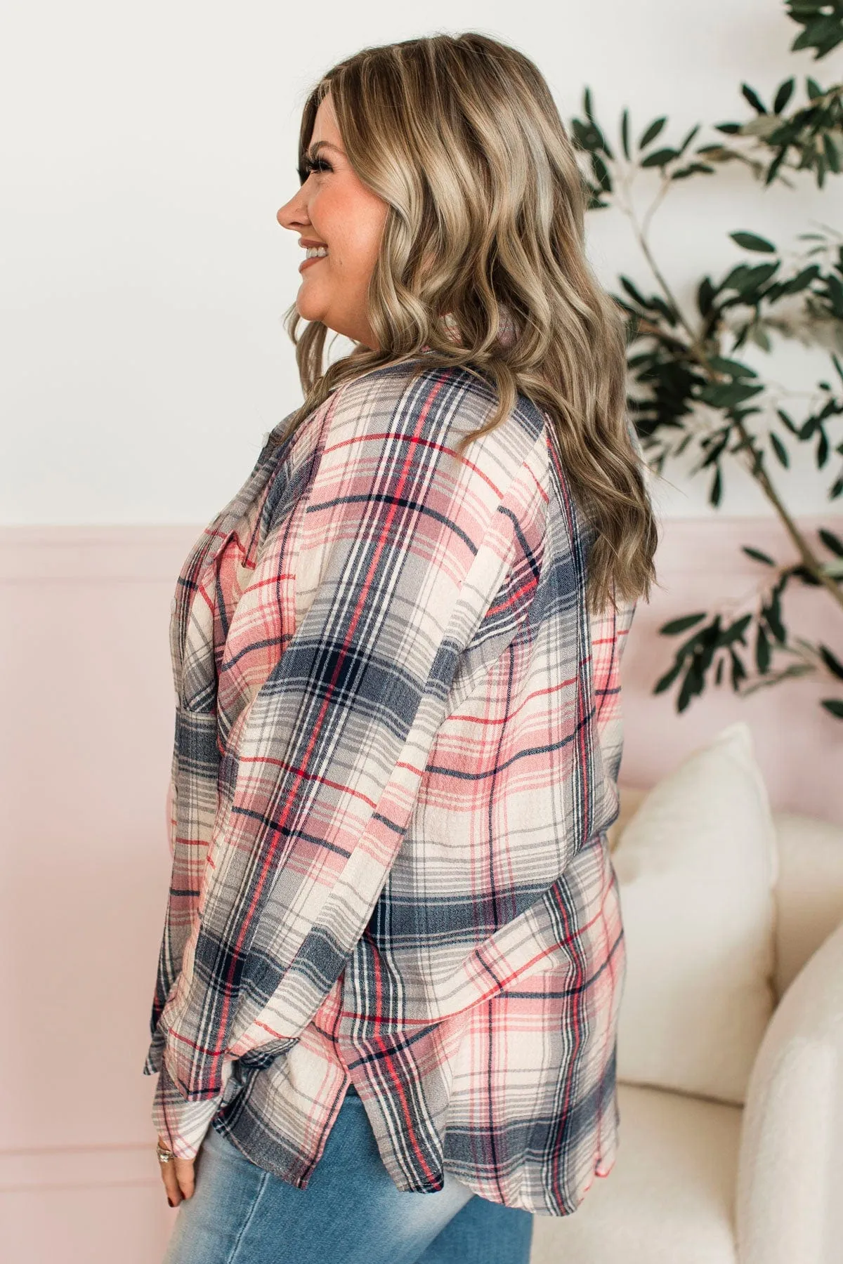 Closer To Home Plaid Button Top- Navy & Pink