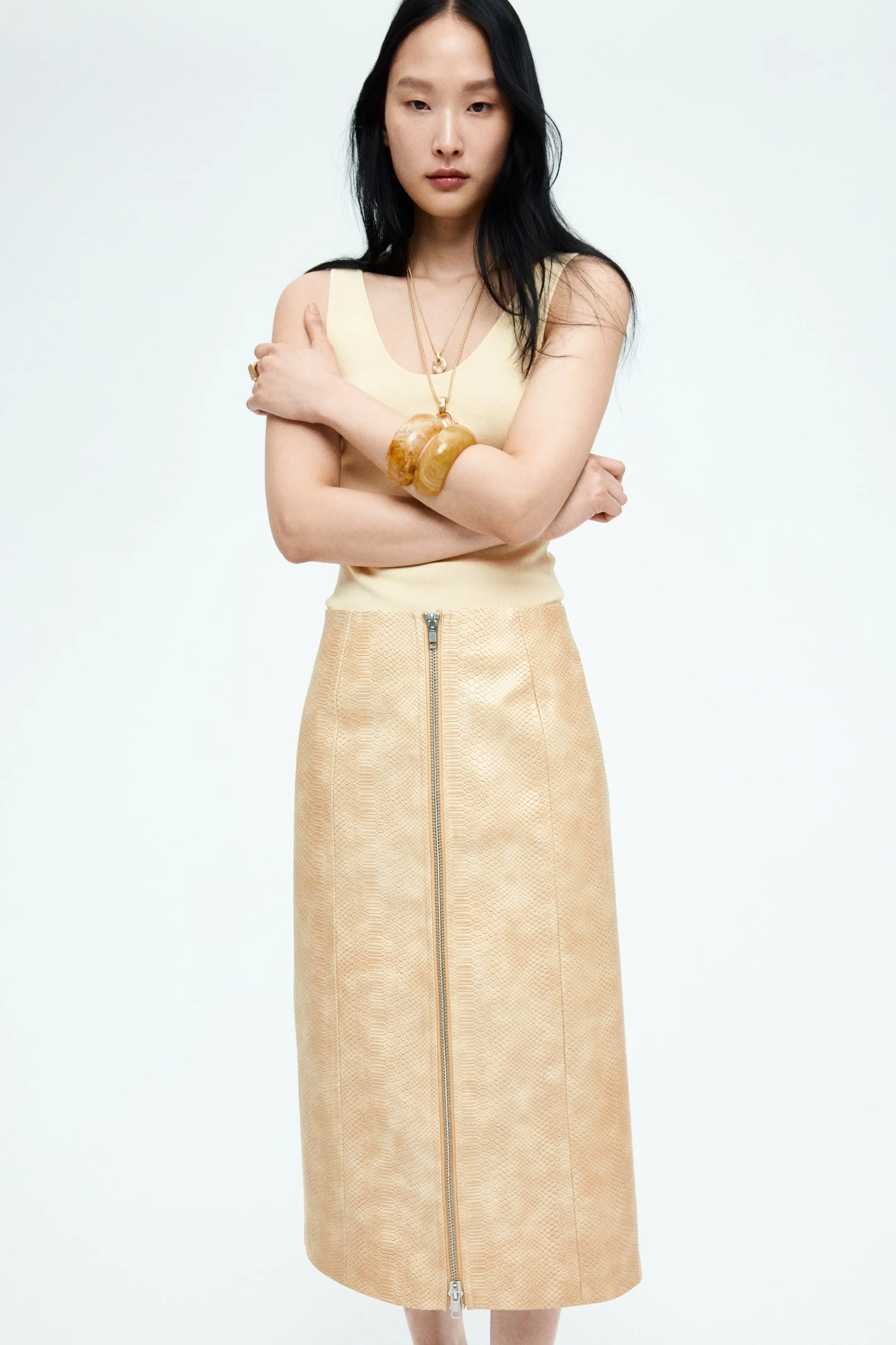 Coated zip-front skirt