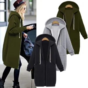 Coats Women Sweatshirts Coat Casual Pockets Zipper Outerwear Hoodies Jacket Plus Size S-5XL Long Hooded