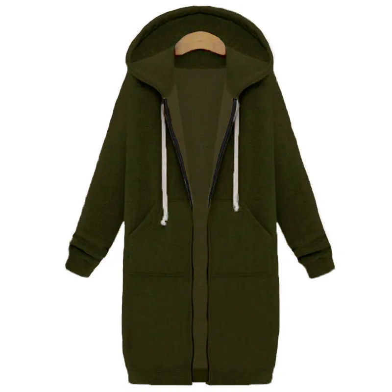 Coats Women Sweatshirts Coat Casual Pockets Zipper Outerwear Hoodies Jacket Plus Size S-5XL Long Hooded