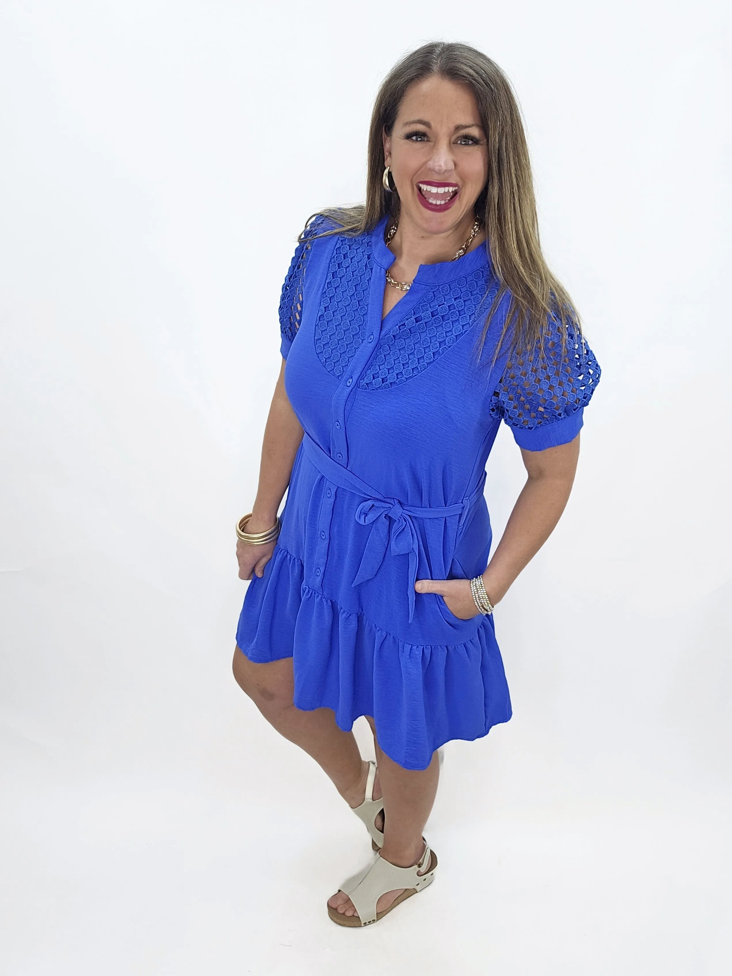 COBALT BLUE BUTTON DOWN CROCHET TRIM DRESS