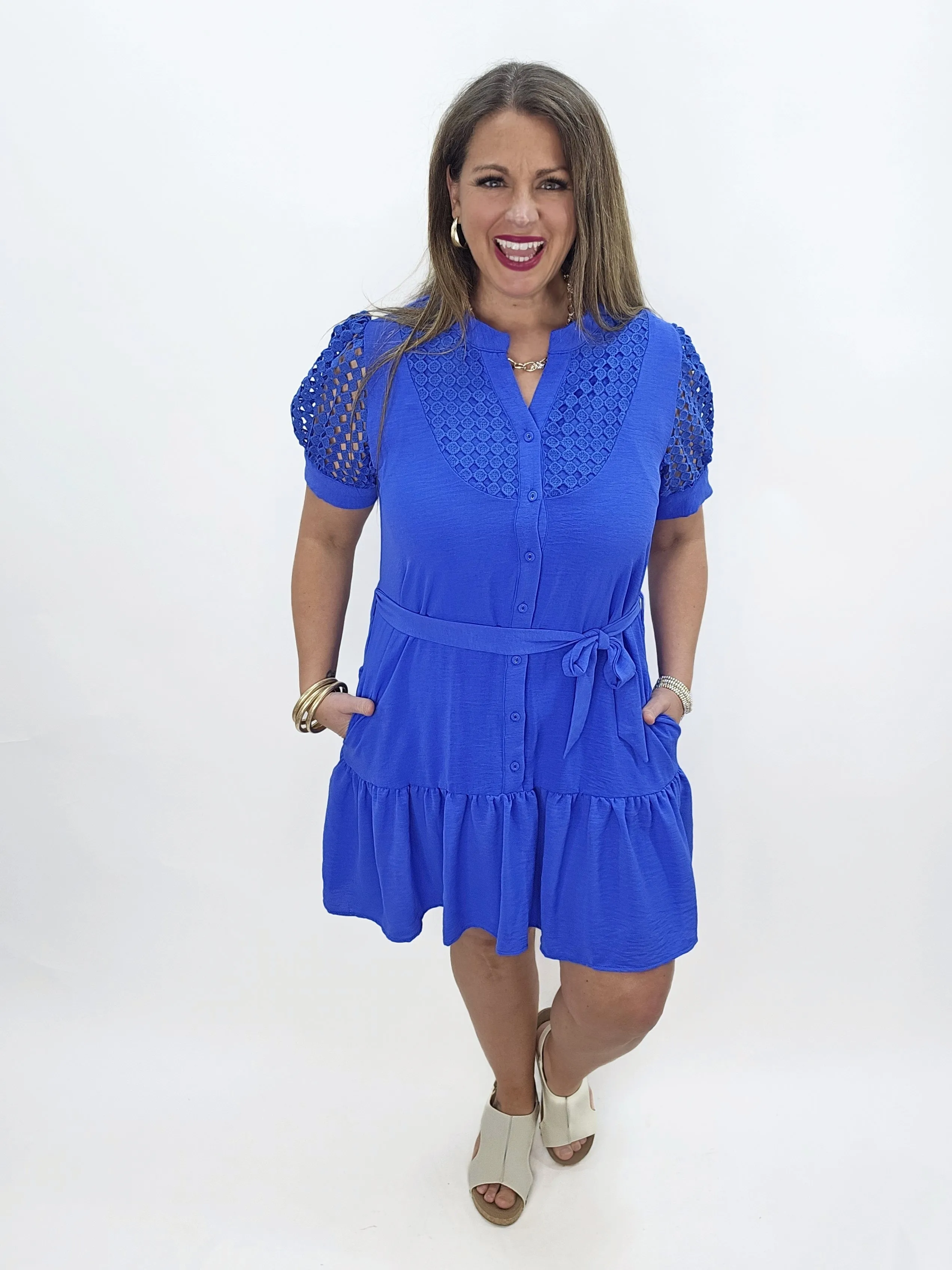 COBALT BLUE BUTTON DOWN CROCHET TRIM DRESS