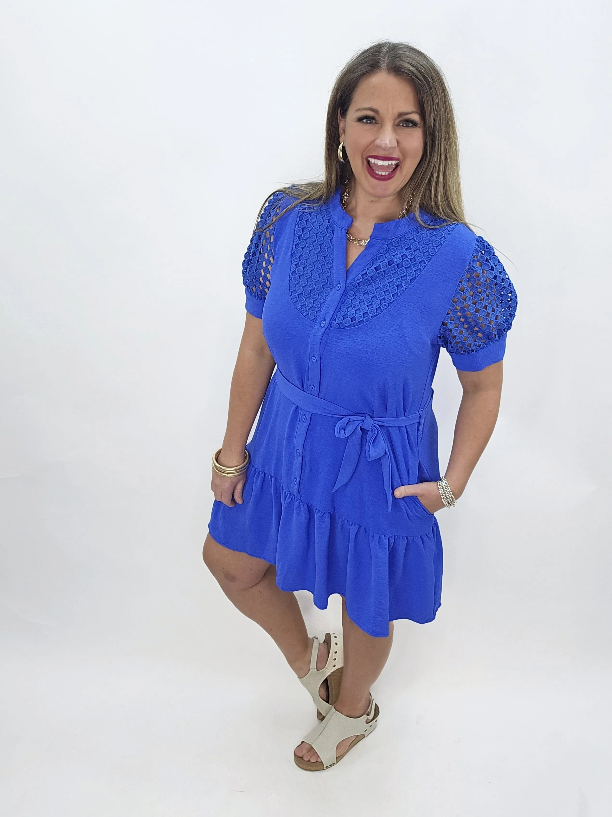 COBALT BLUE BUTTON DOWN CROCHET TRIM DRESS