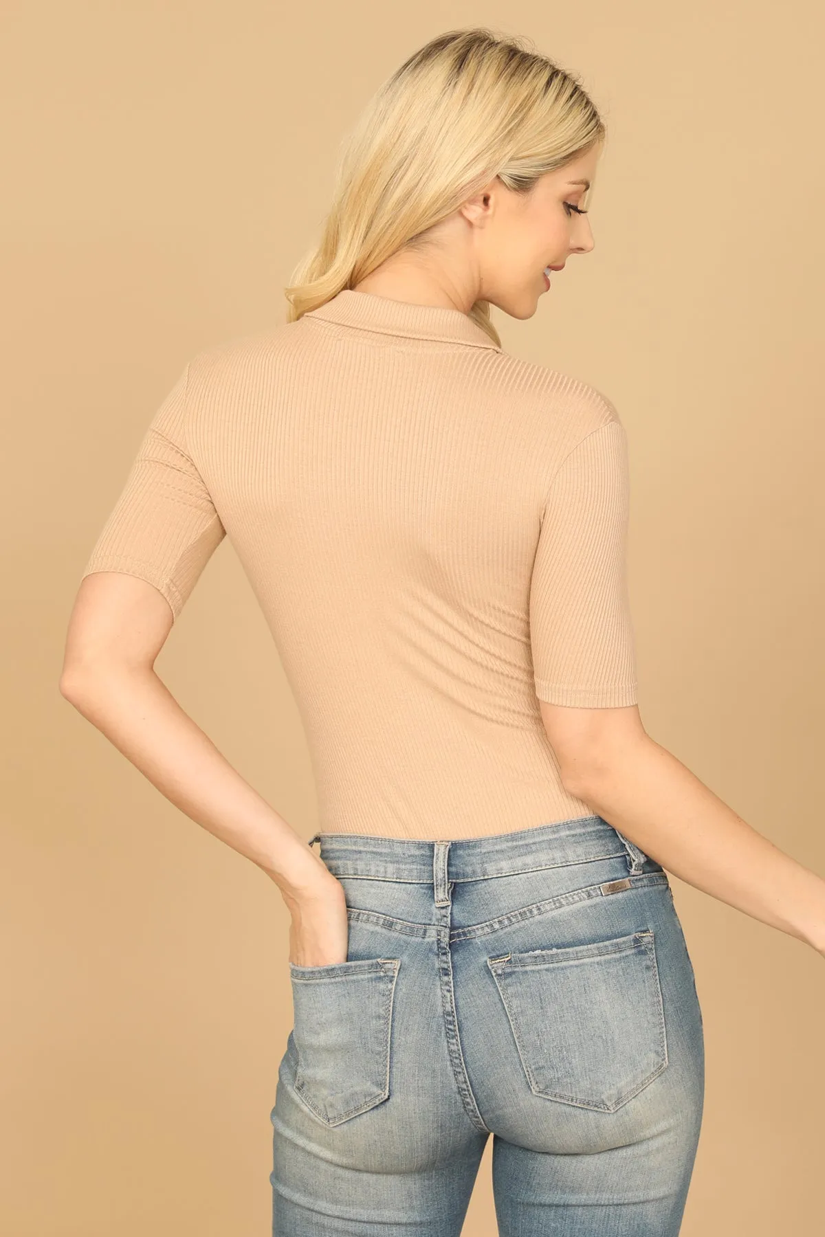 COLLARED BUTTON HALF RIBBED BODYSUIT