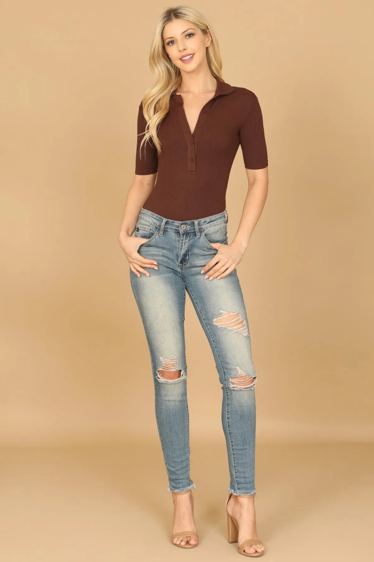 COLLARED BUTTON HALF RIBBED BODYSUIT