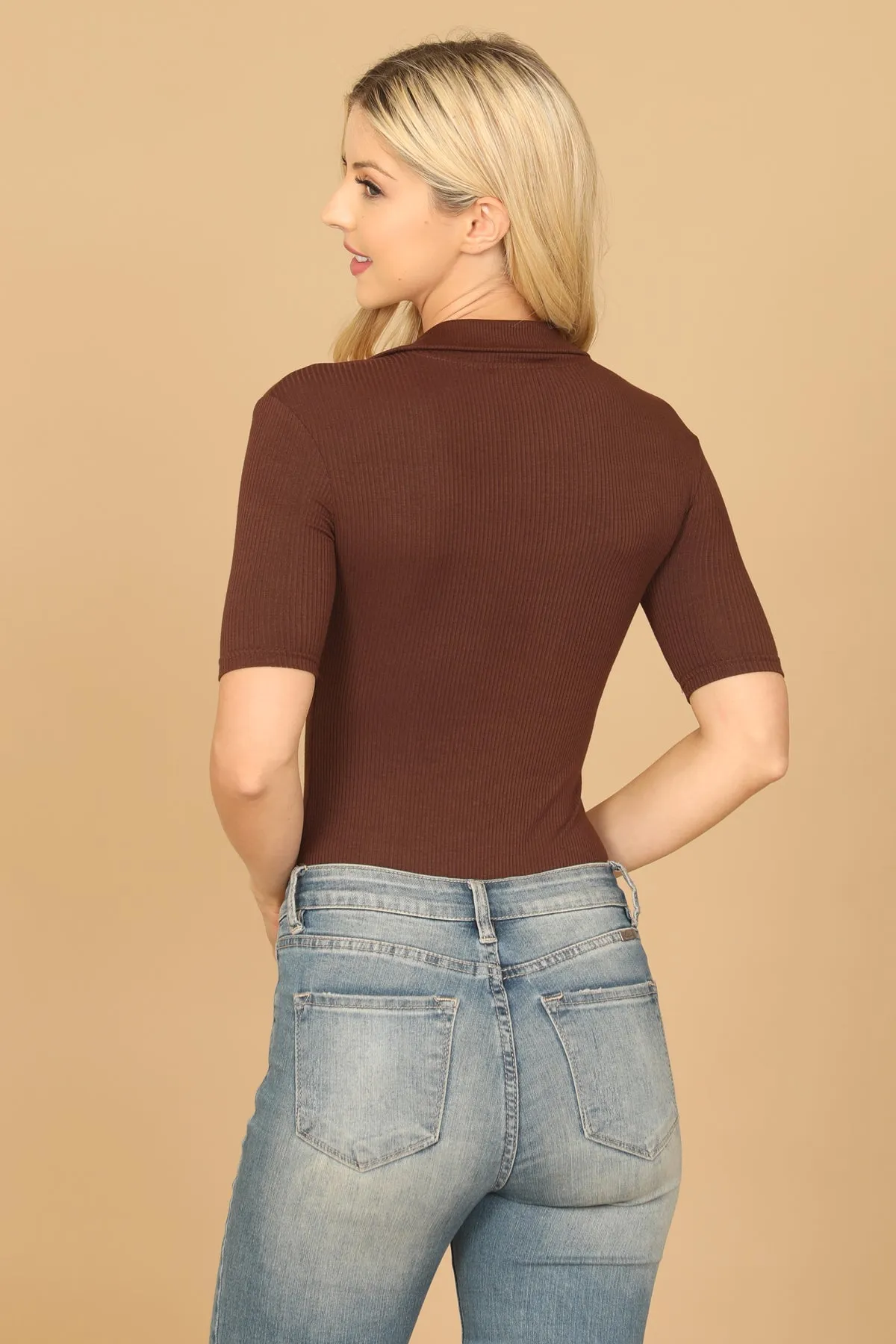 COLLARED BUTTON HALF RIBBED BODYSUIT