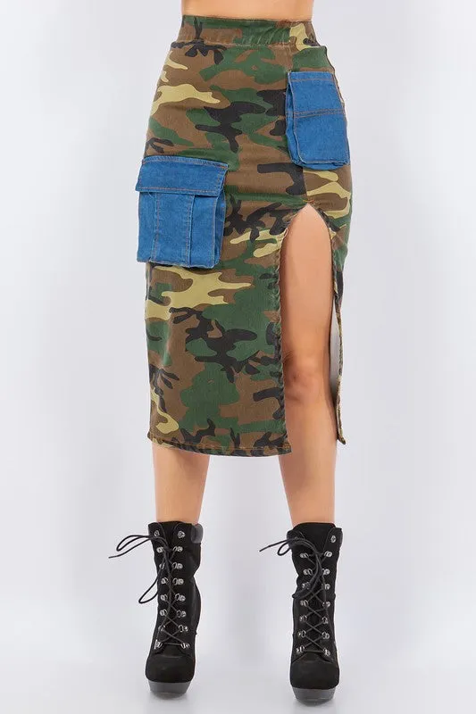 Combat Cargo Pencil Skirt in Camo Denim