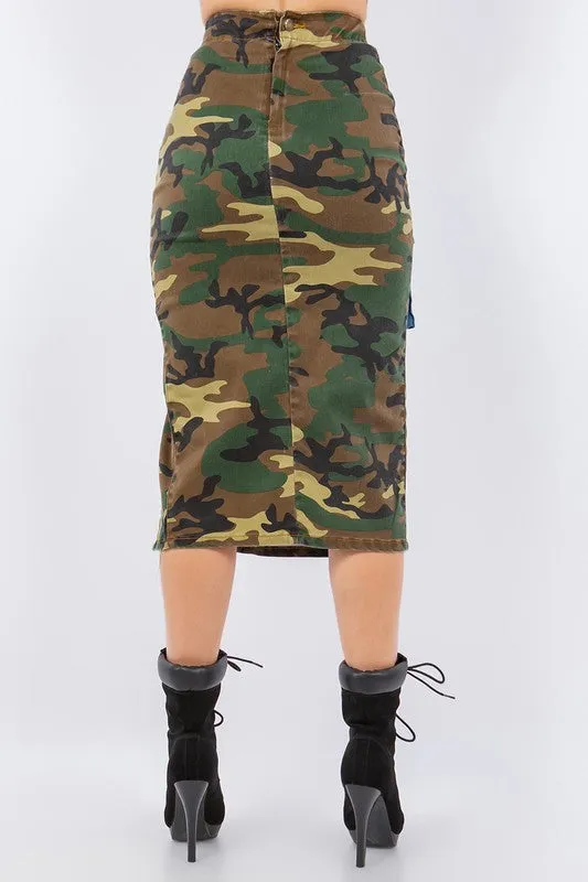Combat Cargo Pencil Skirt in Camo Denim