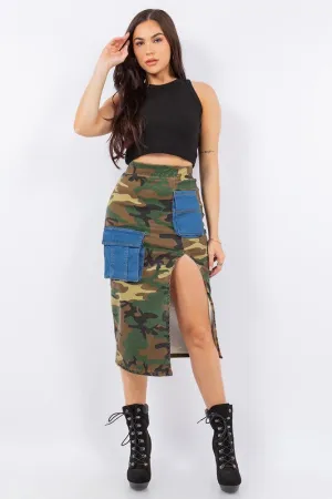 Combat Cargo Pencil Skirt in Camo Denim