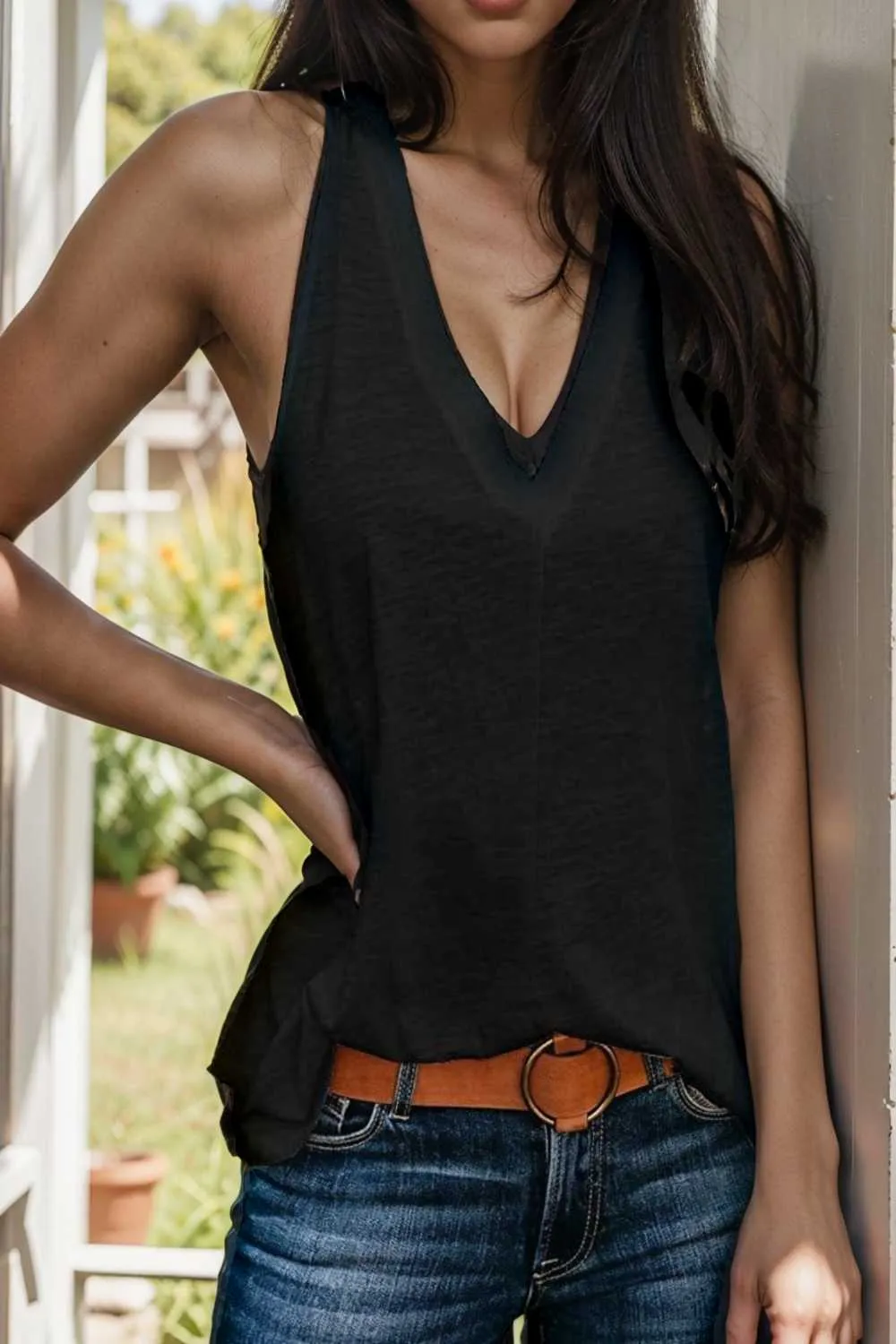 comfort sleeveless v neck tank top in solid colors