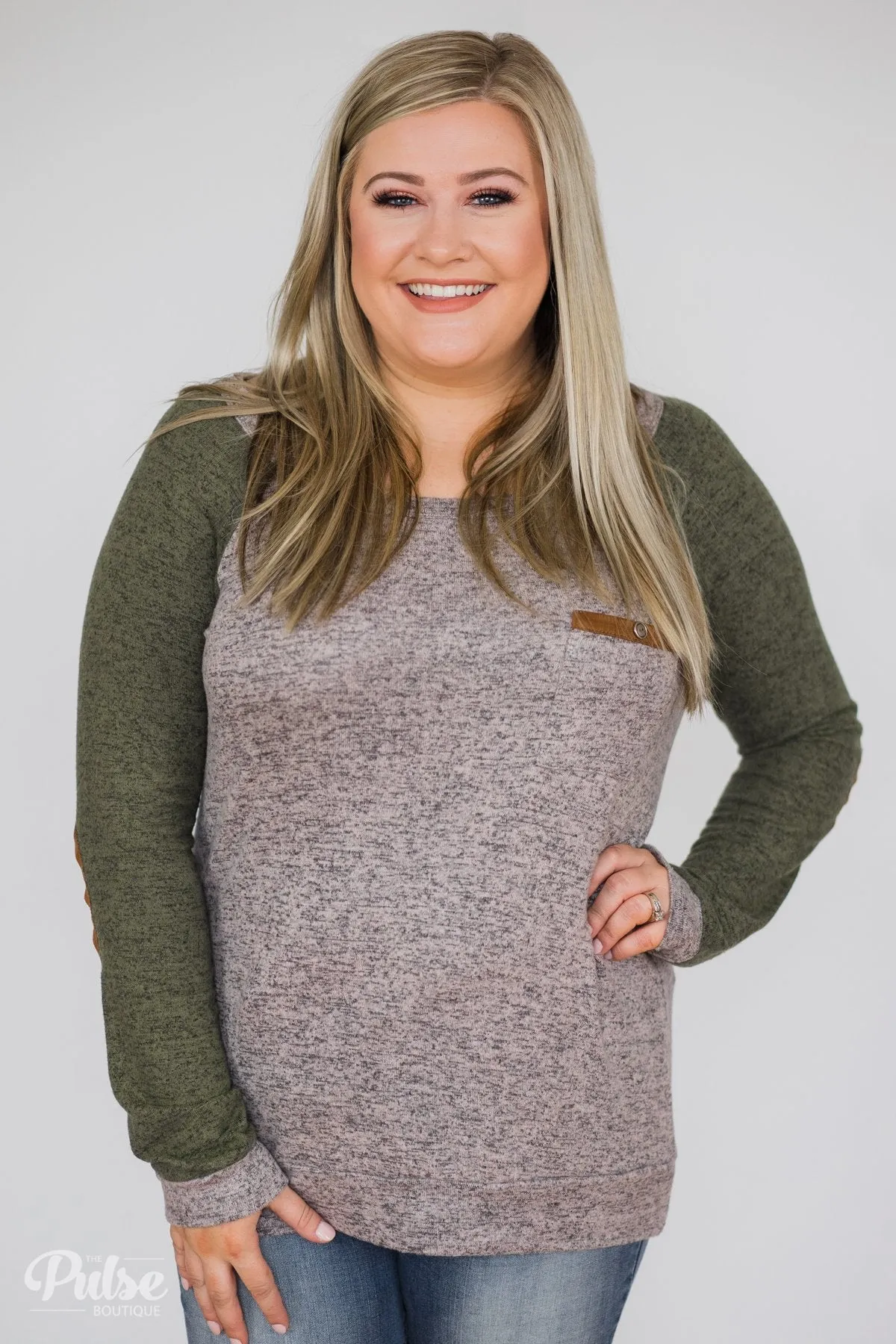 Compass To You Elbow Patch Top- Green & Grey