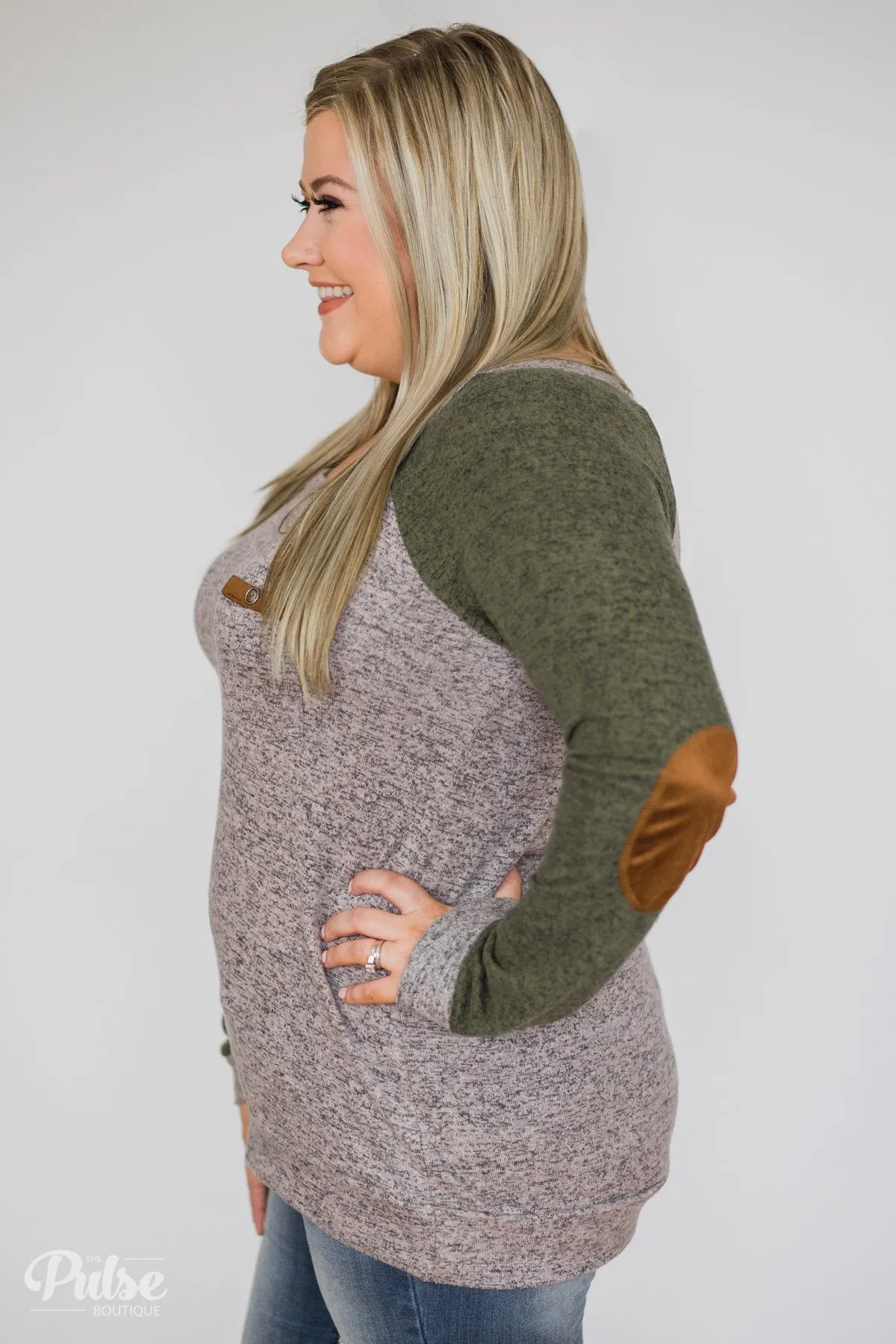 Compass To You Elbow Patch Top- Green & Grey