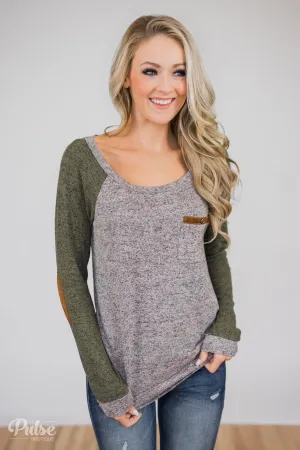 Compass To You Elbow Patch Top- Green & Grey