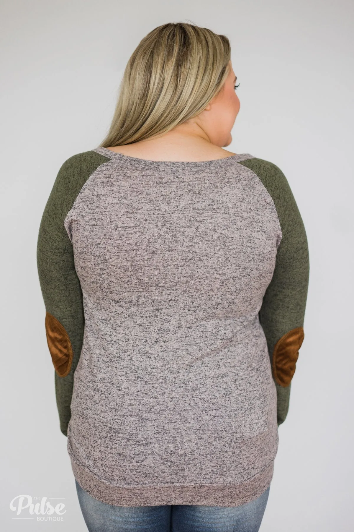 Compass To You Elbow Patch Top- Green & Grey
