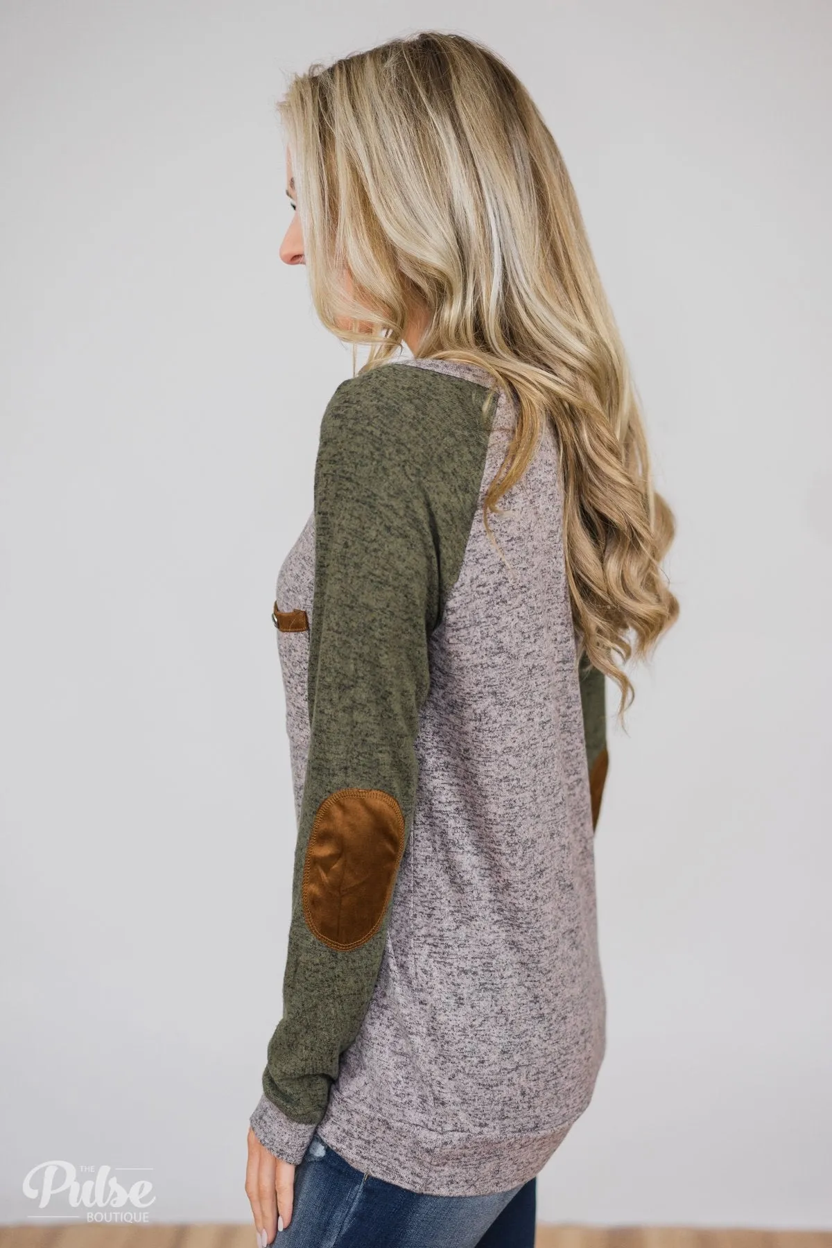 Compass To You Elbow Patch Top- Green & Grey