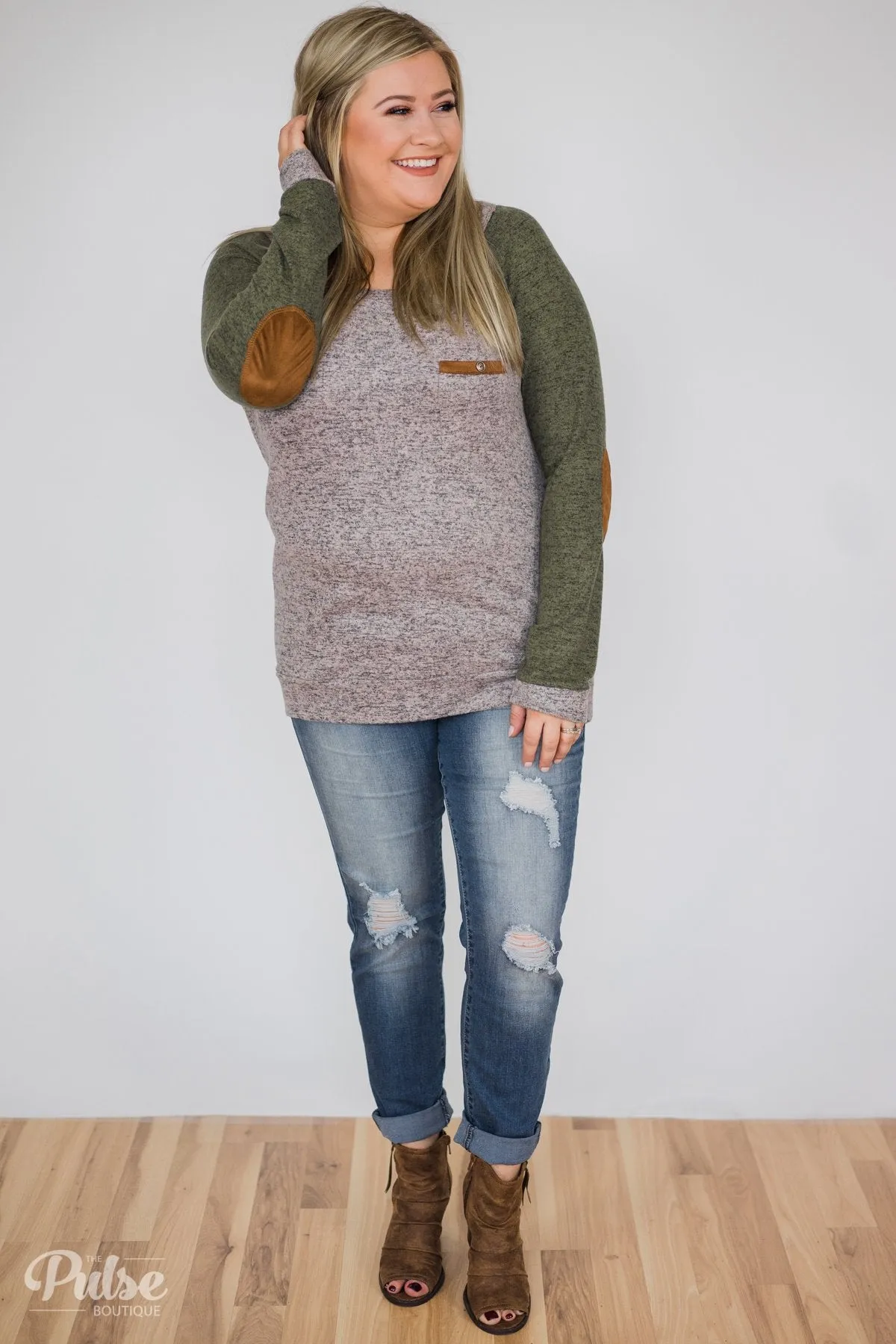 Compass To You Elbow Patch Top- Green & Grey