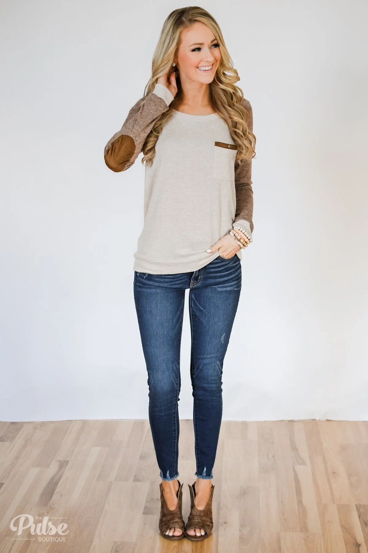 Compass To You Elbow Patch Top- Oatmeal & Mocha