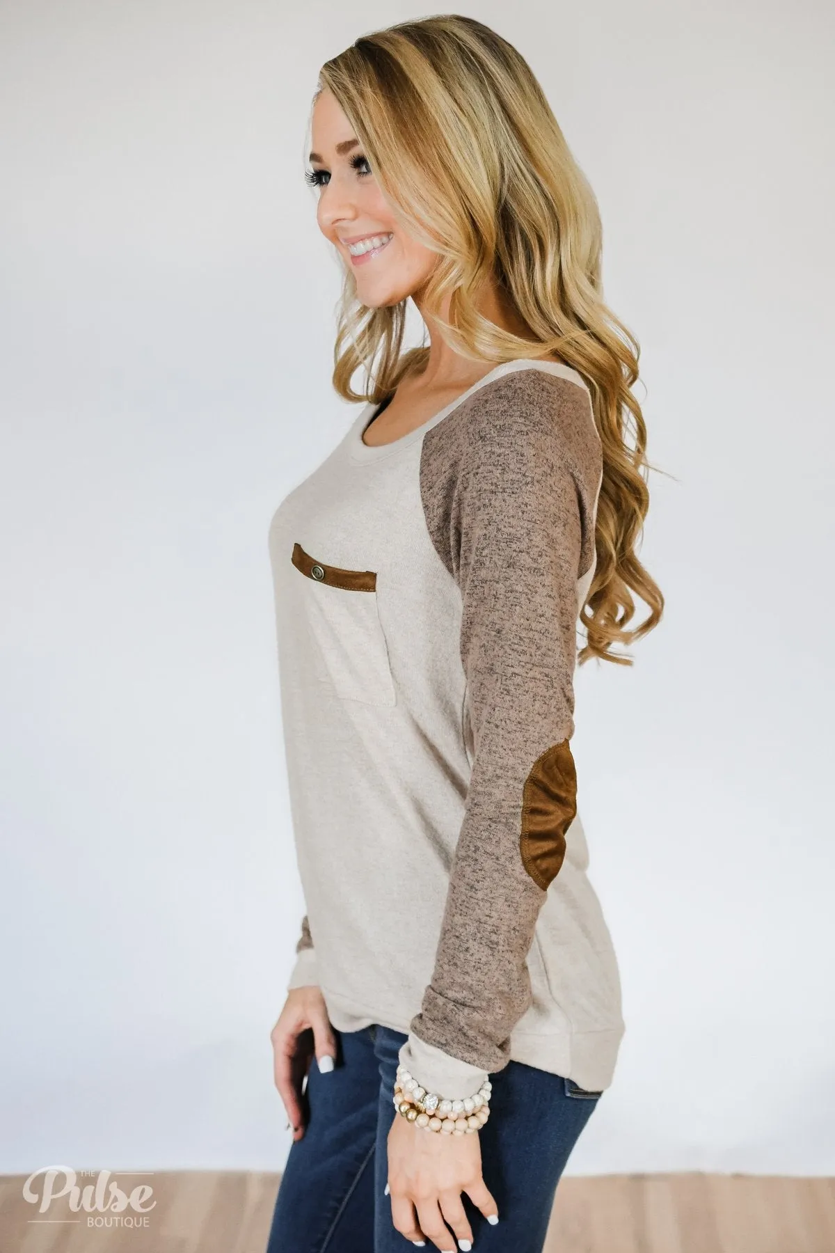Compass To You Elbow Patch Top- Oatmeal & Mocha