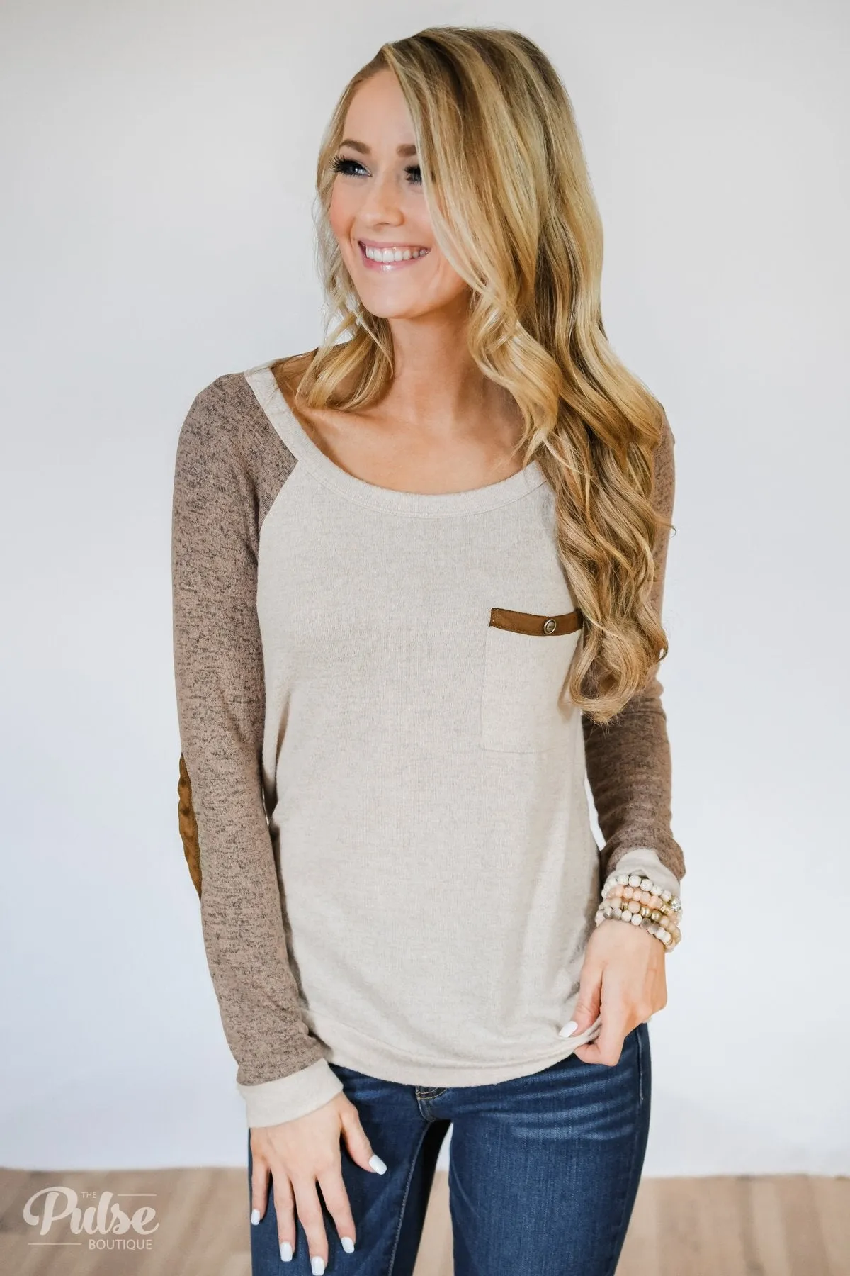 Compass To You Elbow Patch Top- Oatmeal & Mocha